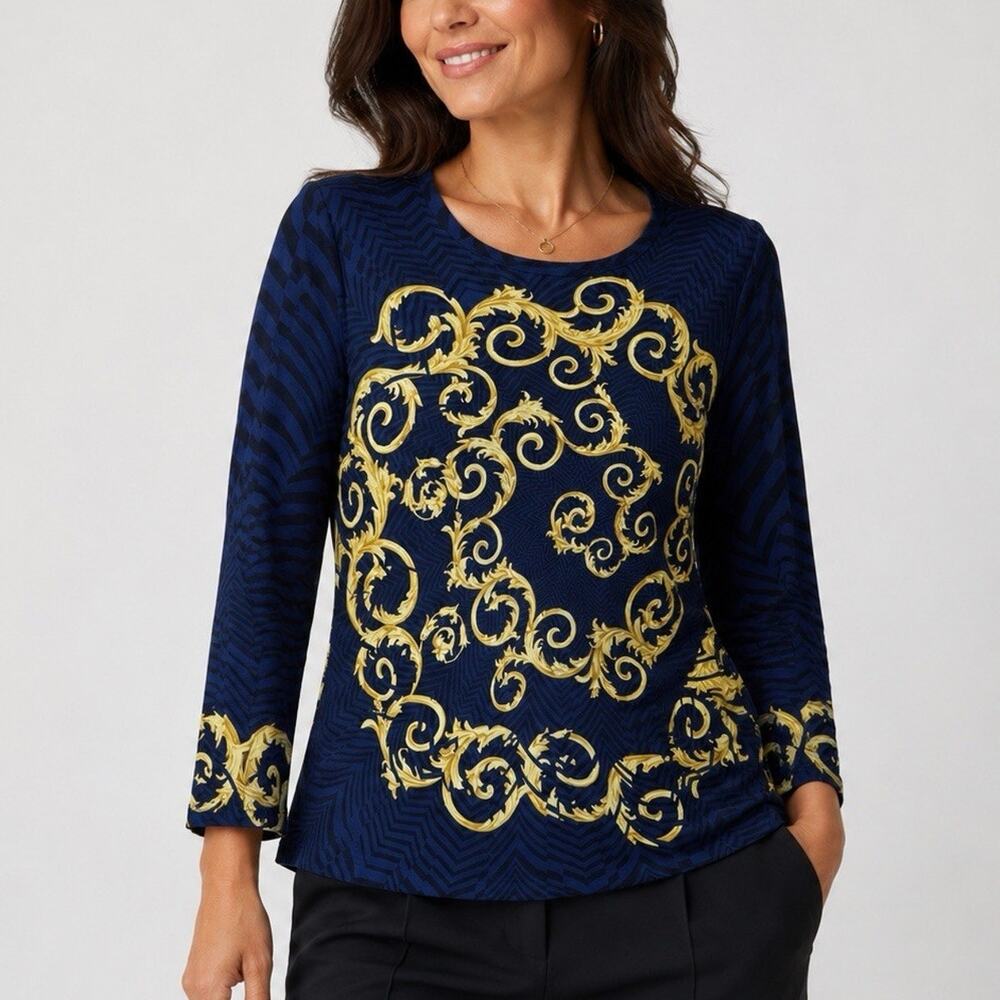 J McLaughlin Catalina Cloth Top Large L Blue Gold Chevron Scroll Baroque Shirt